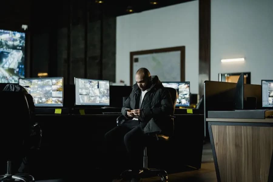 An operator monitoring a wall of CCTV screens in a darkened control room