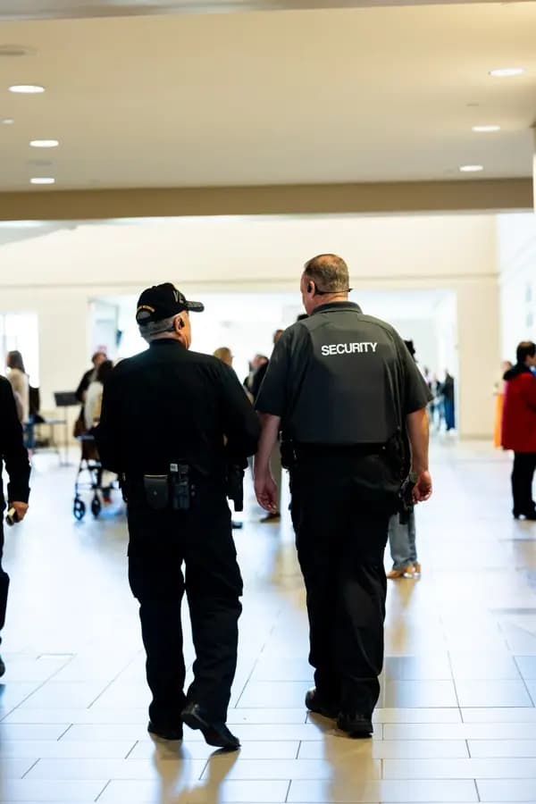 Two officers, one in a jacket marked Security, patrolling a shopping centre concourse