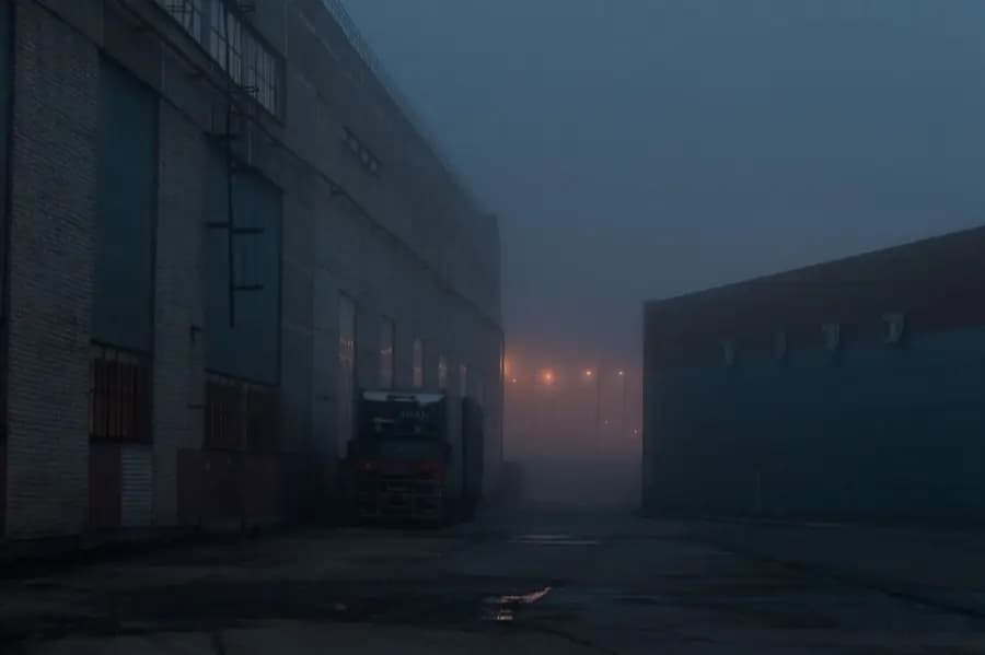 A foggy industrial warehouse yard at night lit by sodium lamps, with a parked lorry