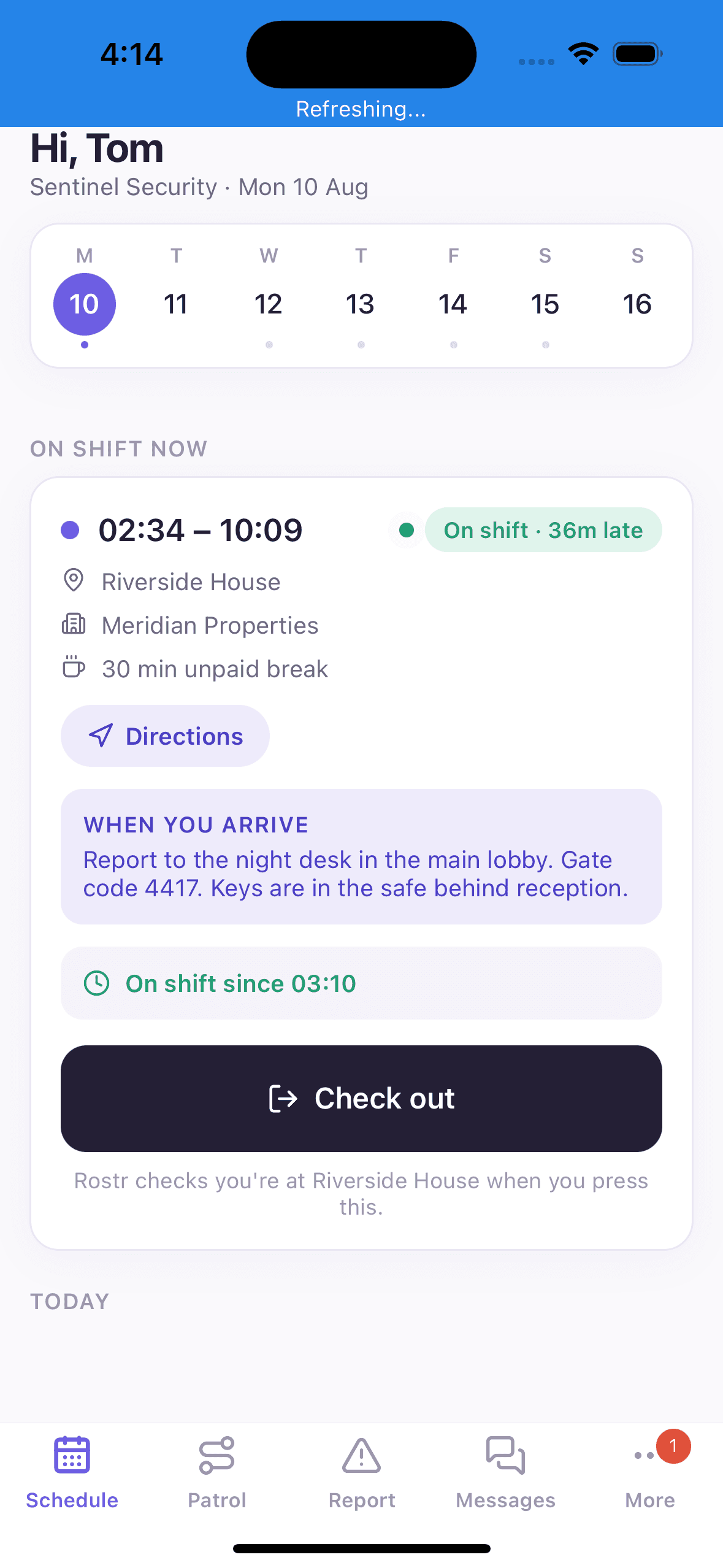 The On The Shift staff app showing an in-progress shift with arrival instructions