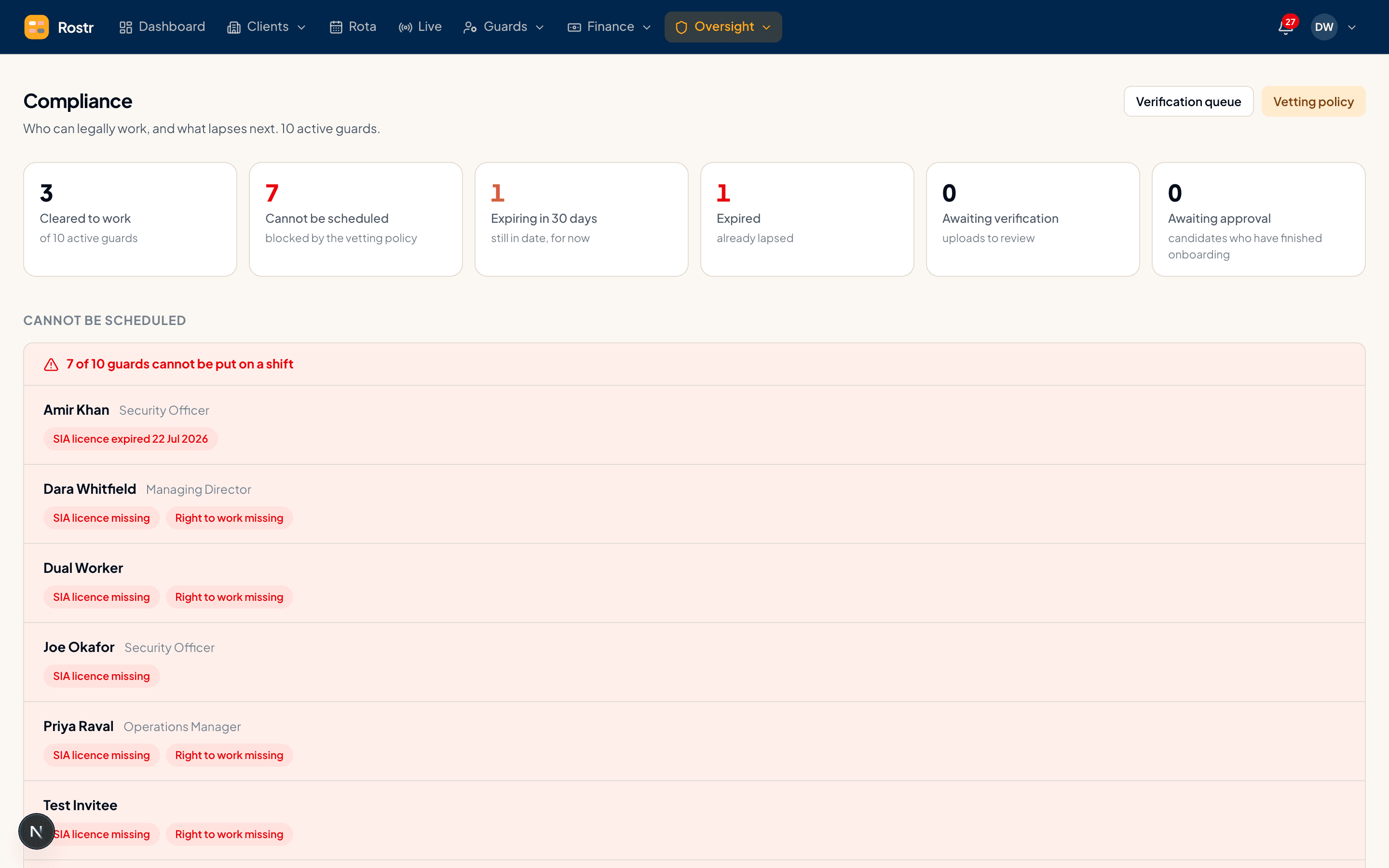 The On The Shift compliance centre showing document status across a team