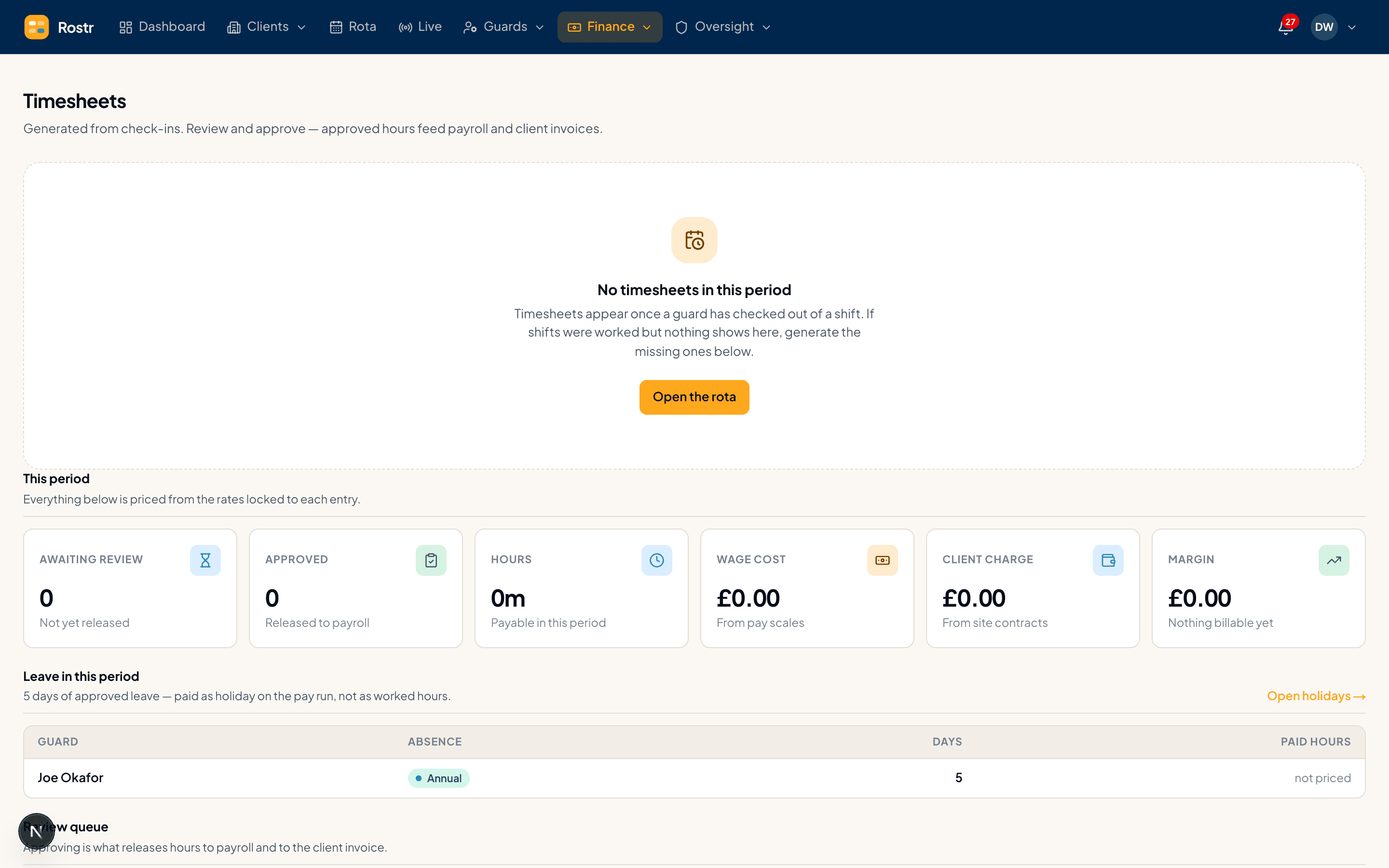 The On The Shift timesheets screen with hours awaiting approval